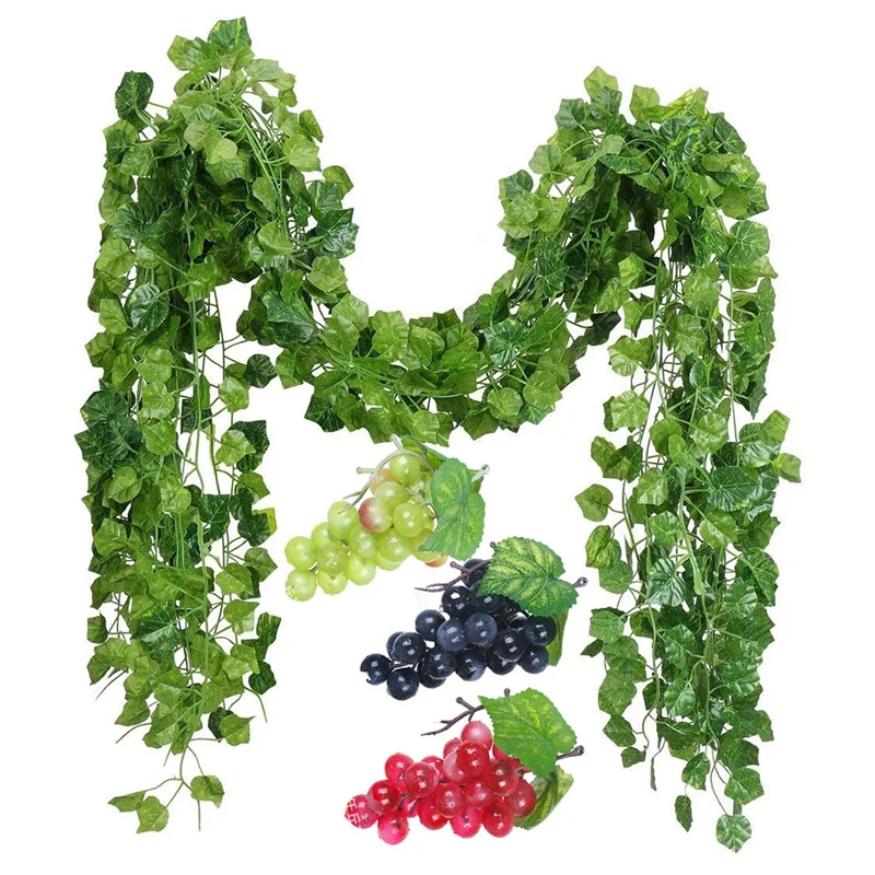 

New 12 Strands Artificial Fake Grape Vines Ivy Leaves with 3 Strings Grapes for Wedding Party Home Wall Decoration