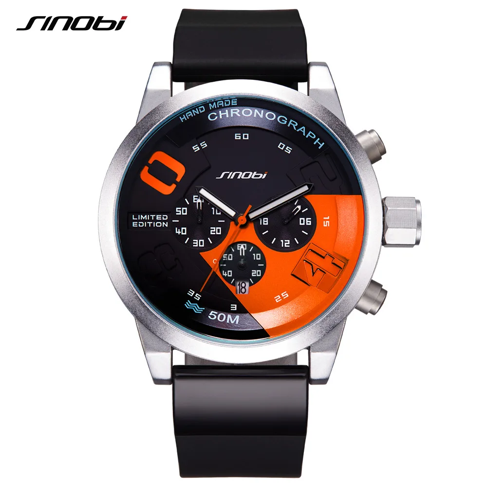 

SINOBI Creative Men's Quartz Watch 50mm Dial Plate Stainless Steel Case Calendar Waterproof Men Clock Men Sports Wristwatches