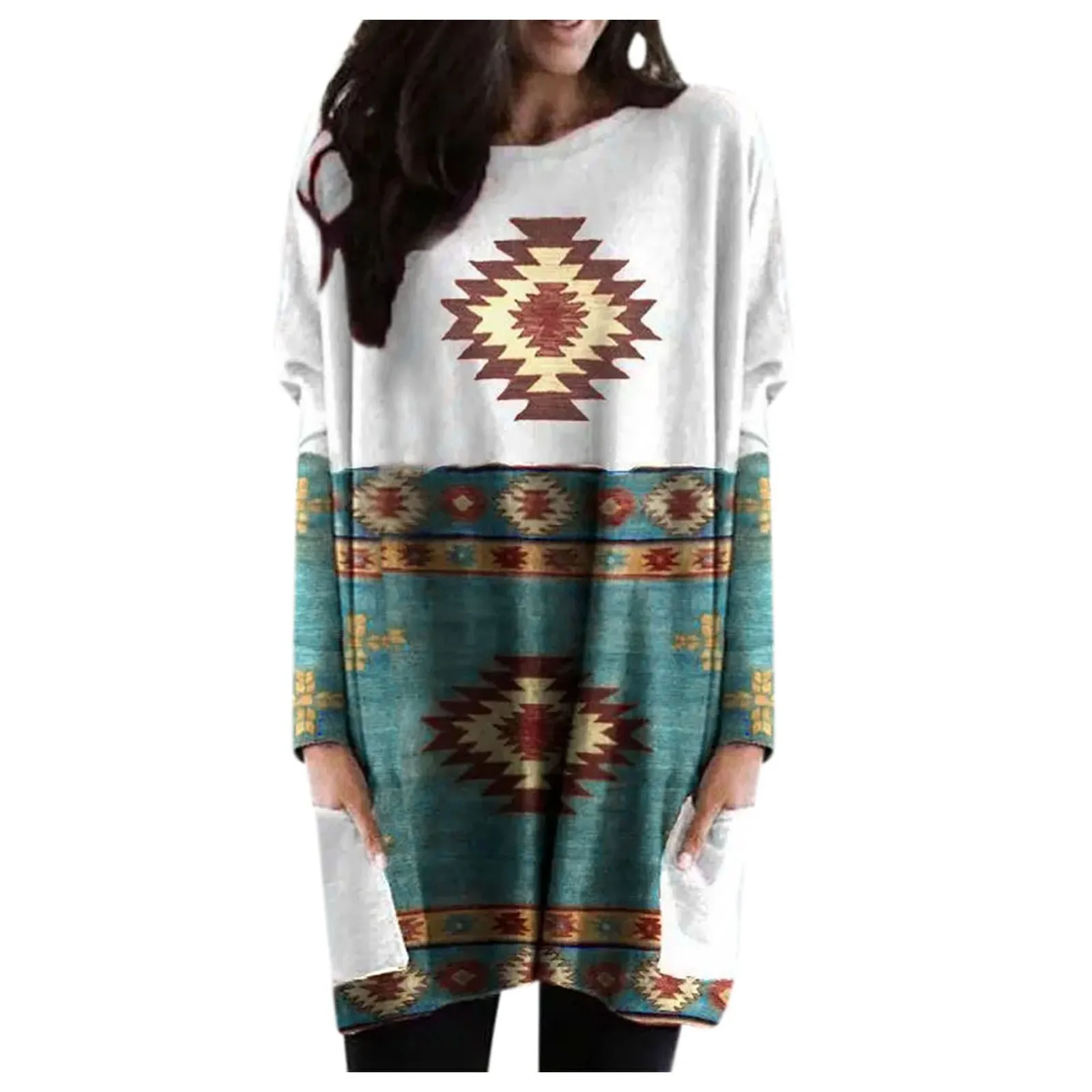 Женский пуловер с геометрическим принтом, круглым вырезом и карманами
Женский пуловер с геометрическим принтом, круглым вырезом и карманами