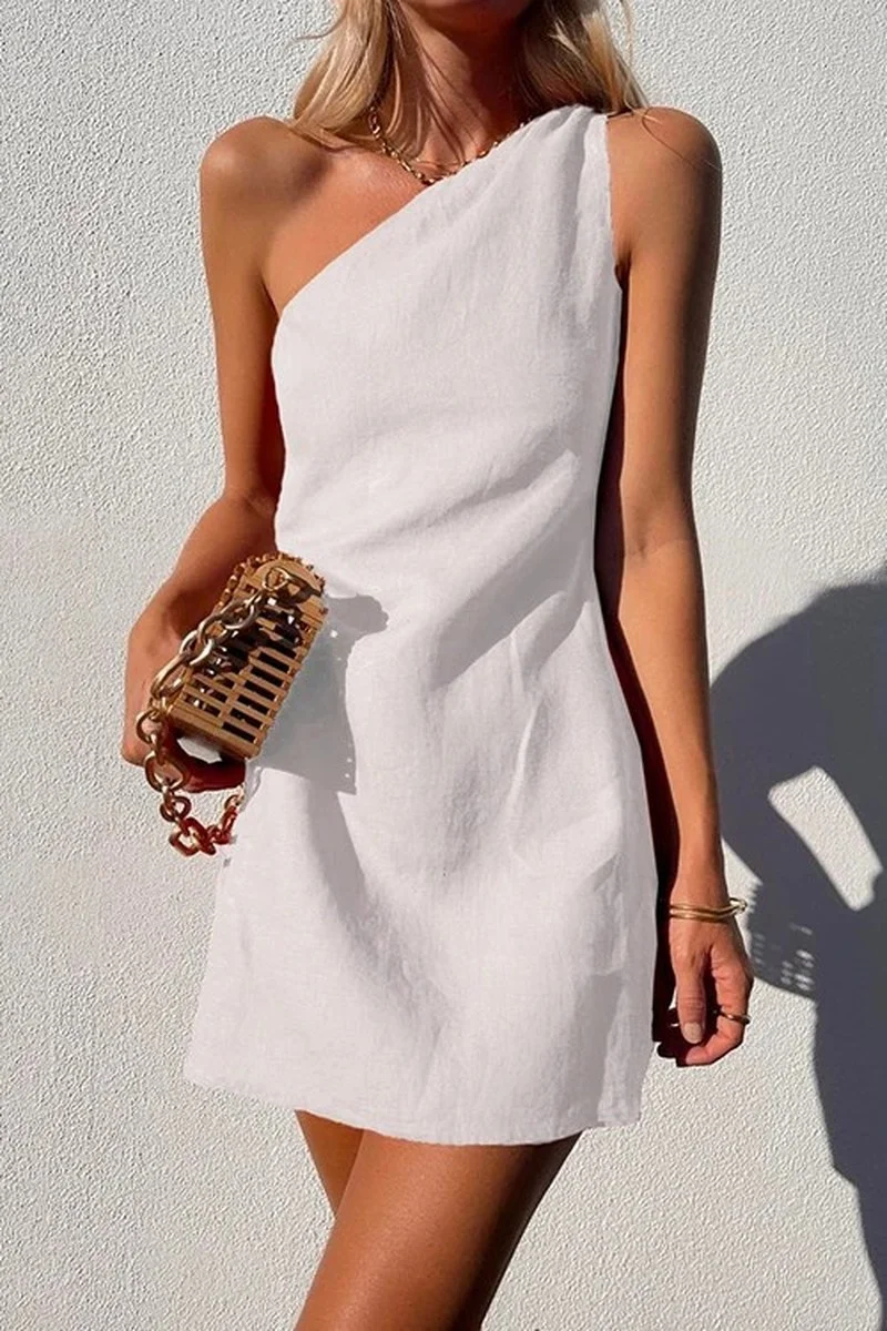 Elegant and Fashionable Summer Sexy One-shoulder Asymmetric Diagonal Collar Cotton and Linen Casual Loose Comfortable Mini Dress
Elegant and Fashionable Summer Sexy One-shoulder Asymmetric Diagonal Collar Cotton and Linen Casual Loose Comfortable Mini Dress
