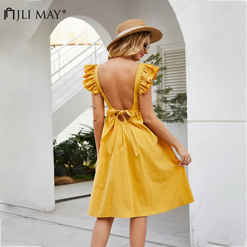 JLI MAY Women Elegant Dresses Summer Holiday Solid Square Collar Paneled Ruffle Sleeve Sexy Backless Bandage Casual Dress
JLI MAY Women Elegant Dresses Summer Holiday Solid Square Collar Paneled Ruffle Sleeve Sexy Backless Bandage Casual Dress