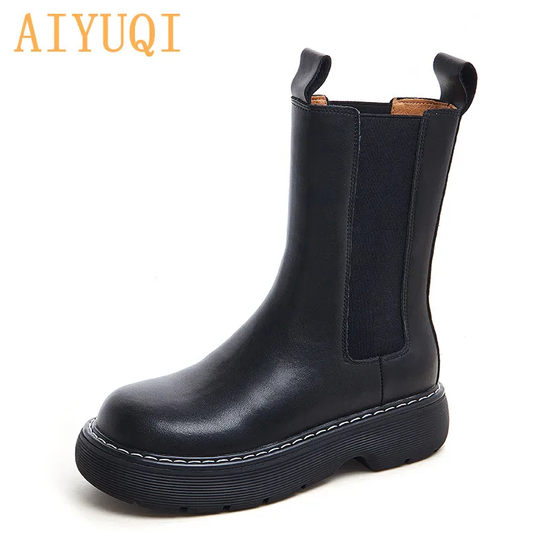 

AIYUQI Women Chelsea Boots 2021 New Genuine Leather Thick-Soled Middle Tube Women Autumn Boots Smoke Tube Martin Boots Ladies