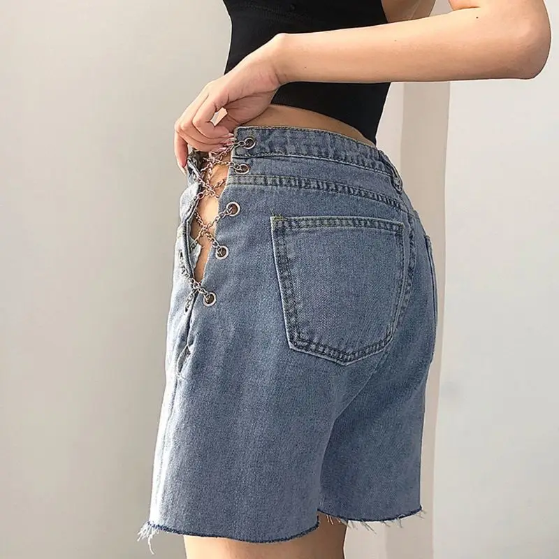 Women High Waist Jeans Shorts Irregular Side Split Hollow Out Denim Straight Pants Criss-Cross Metal Chain Loose Trouser 
Women High Waist Jeans Shorts Irregular Side Split Hollow Out Denim Straight Pants Criss-Cross Metal Chain Loose Trouser
