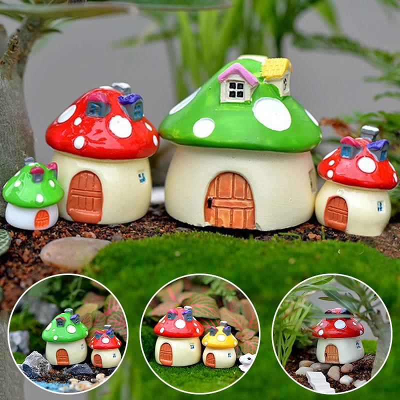 

4 Sizes Mushroom House Resin Fairy Garden Craft Decoration Miniature Micro Gnome Terrarium Mediterranean House Castle 4 Color