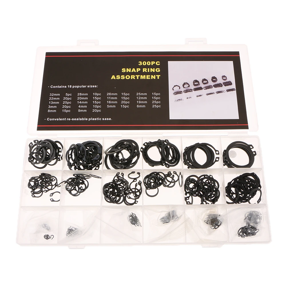 300 Pcs C-Clips Retaining Ring Snap Rings Assortment Kit 18 popular Sizes Black with the Case
300 Pcs C-Clips Retaining Ring Snap Rings Assortment Kit 18 popular Sizes Black with the Case