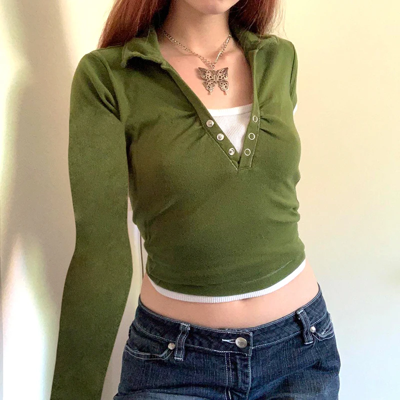 WeiYao Retro Green Basic Woman Tshirts 2022 Spring Autumn Long Sleeve Black Tops Button Up V Neck Slim Vintage Cropped Tee Y2K
WeiYao Retro Green Basic Woman Tshirts 2022 Spring Autumn Long Sleeve Black Tops Button Up V Neck Slim Vintage Cropped Tee Y2K