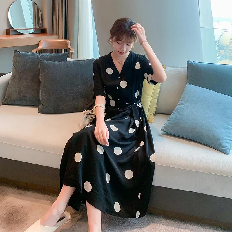 COIGARSAM Short Sleeve Women dress New Polka Dot Chiffon High Waist V-Neck Dresses Black 9080
COIGARSAM Short Sleeve Women dress New Polka Dot Chiffon High Waist V-Neck Dresses Black 9080