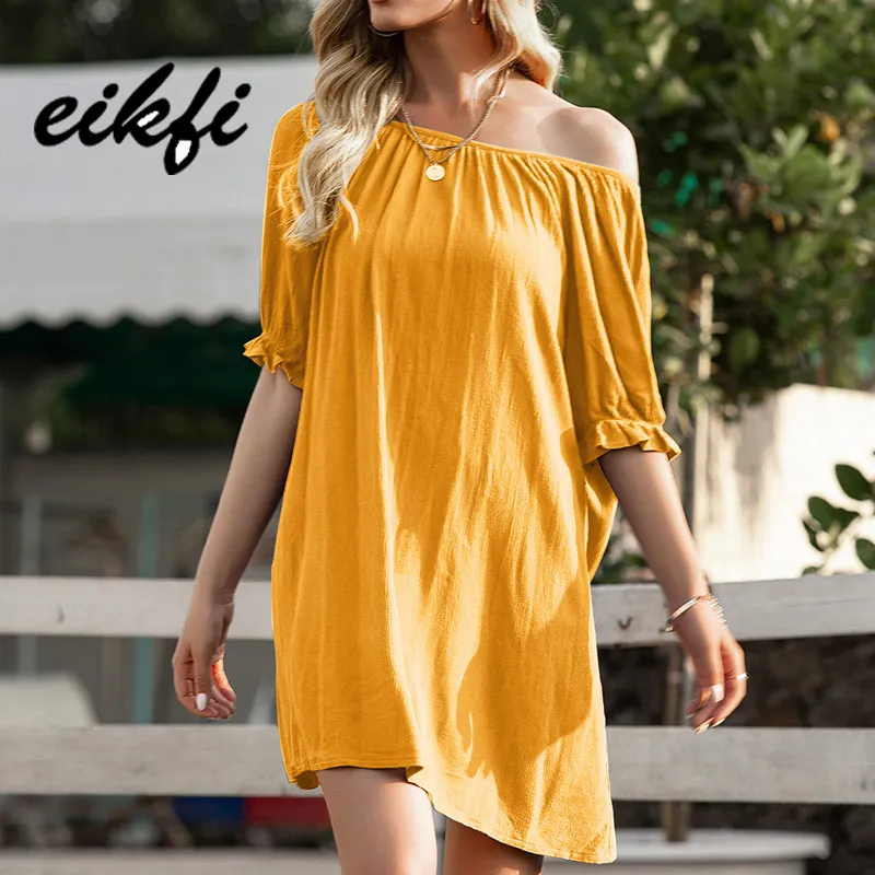 

EIKFI Solid Boat Neck Back Bandage Women Dress Summer Ladies Flounce Sleeve Backless Casual Loose Yellow Black Short Dress New