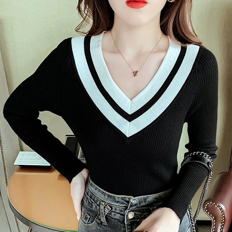V Neck Fashion Sweater Long Sleeve Women Pullover Knit Autumn Slim Jumpers Female Elastic Warm Top Femme Sweraters Ladies Black
V Neck Fashion Sweater Long Sleeve Women Pullover Knit Autumn Slim Jumpers Female Elastic Warm Top Femme Sweraters Ladies Black
