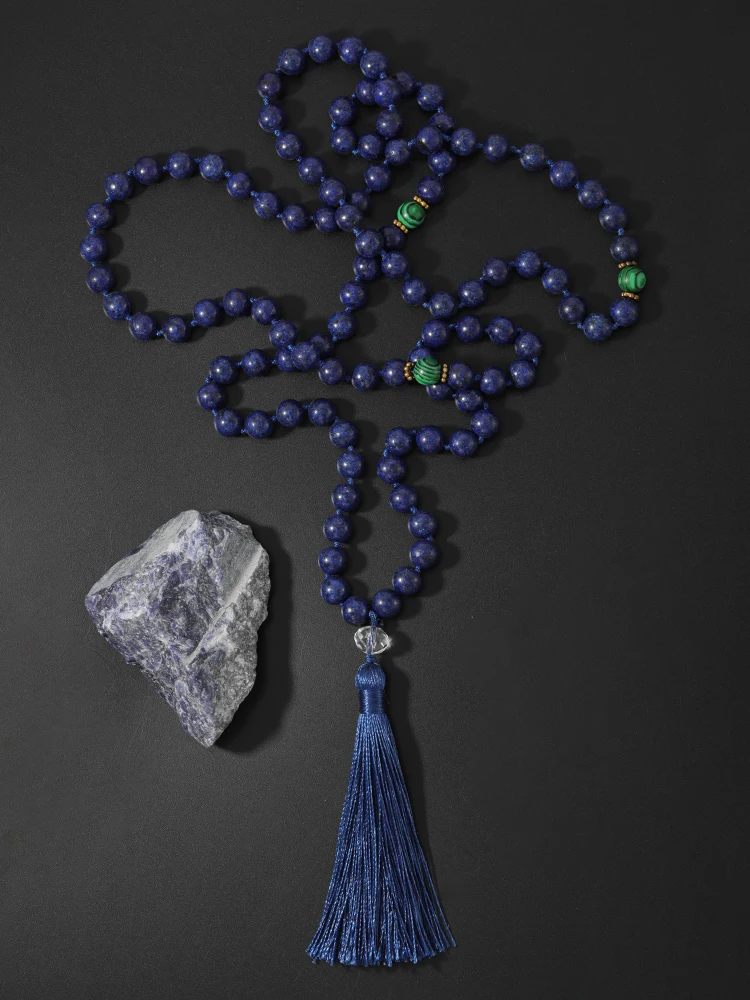 

OAIITE 8MM Lapis lazuli Stone Necklace Jewelry Hand-Knotted Japa mala 108 Beads Mala Necklaces Bohemia Meditation Necklace Gifts