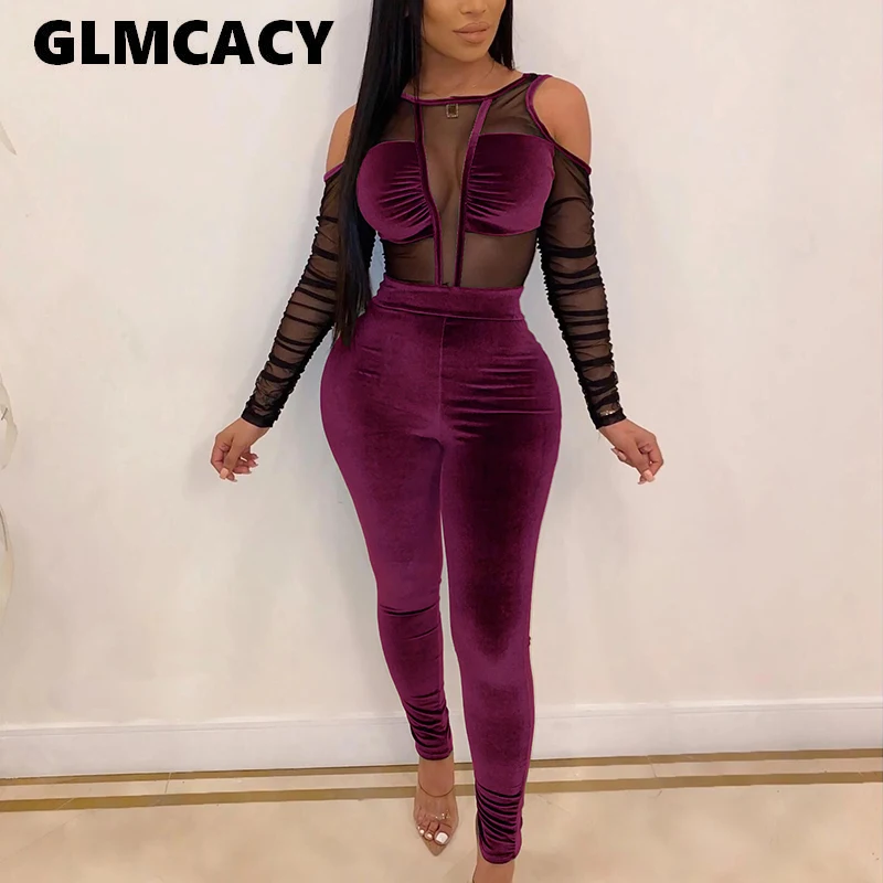 Women Mesh Splicing Cold Shoulder Skinny Bodycon Jumpsuit See Through Sexy & Club Stretch Velvet Female Overall
Women Mesh Splicing Cold Shoulder Skinny Bodycon Jumpsuit See Through Sexy & Club Stretch Velvet Female Overall