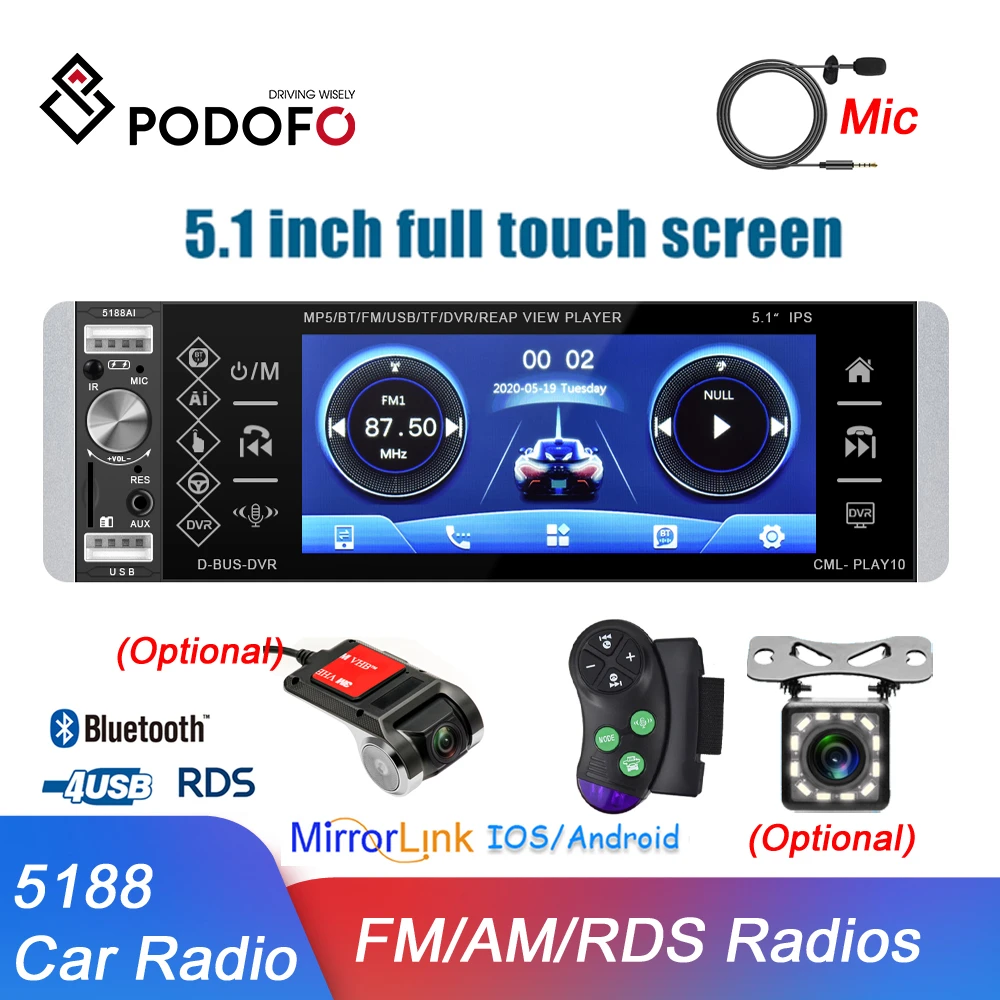 Автомагнитола Podofo 5188 MP5 плеер 1DIN с двунаправленным интерфейсом Android Mirrorlink 5 1