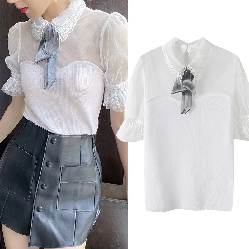 ENGAGEMENT High-quality 2021 Summer New Doll Collar Bow Five-point Sleeve Mesh Lace Perspective Sweater Shirt
ENGAGEMENT High-quality 2021 Summer New Doll Collar Bow Five-point Sleeve Mesh Lace Perspective Sweater Shirt