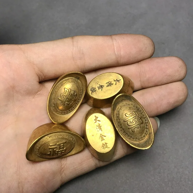 

LAOJUNLU Vintage Brass Gold Ingots Fu Lu Shou Xi Cai Jin Yuan Bao Pure Copper, Fu word gold ingot