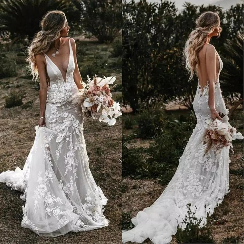 Vintage Mermaid Spaghetti Wedding Dress 2021 V-neck Backless Lace Appliques 3D Flowers Elegant Bride Gown With Train Custom Made
Vintage Mermaid Spaghetti Wedding Dress 2021 V-neck Backless Lace Appliques 3D Flowers Elegant Bride Gown With Train Custom Made