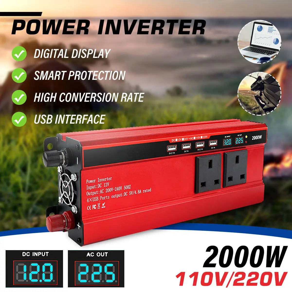 2000W Car Inverter 12V 110V/220V Voltage transformer Modified Sine Wave Power Inverter DC12V to AC 220V Converter+2 LED Display
2000W Car Inverter 12V 110V/220V Voltage transformer Modified Sine Wave Power Inverter DC12V to AC 220V Converter+2 LED Display
