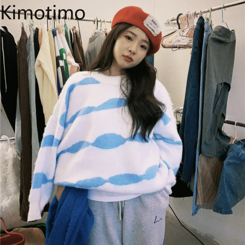 

Женские свитера Kimotimo, Осень-зима 2021, жаккардовый пуловер с круглым вырезом, корейский шикарный контрастный Свободный вязаный свитер с длинн...