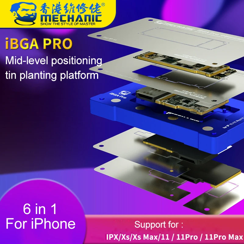 Трафаретная платформа Mechanic 6 в 1 для реболлинга BGA для iPhone X, XS, 11 Pro Max, материнская плата среднего уровня, приспособление для посадки олова
Трафаретная платформа Mechanic 6 в 1 для реболлинга BGA для iPhone X, XS, 11 Pro Max, материнская плата среднего уровня, приспособление для посадки олова