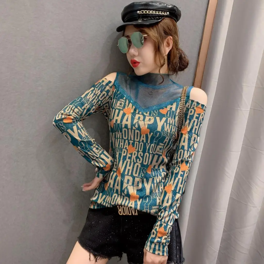 Fall Winter European Style Print T-Shirt Sexy Patchwork Mesh Off Shoulder Dianonds Women Tops Long Sleeve Tees
Fall Winter European Style Print T-Shirt Sexy Patchwork Mesh Off Shoulder Dianonds Women Tops Long Sleeve Tees