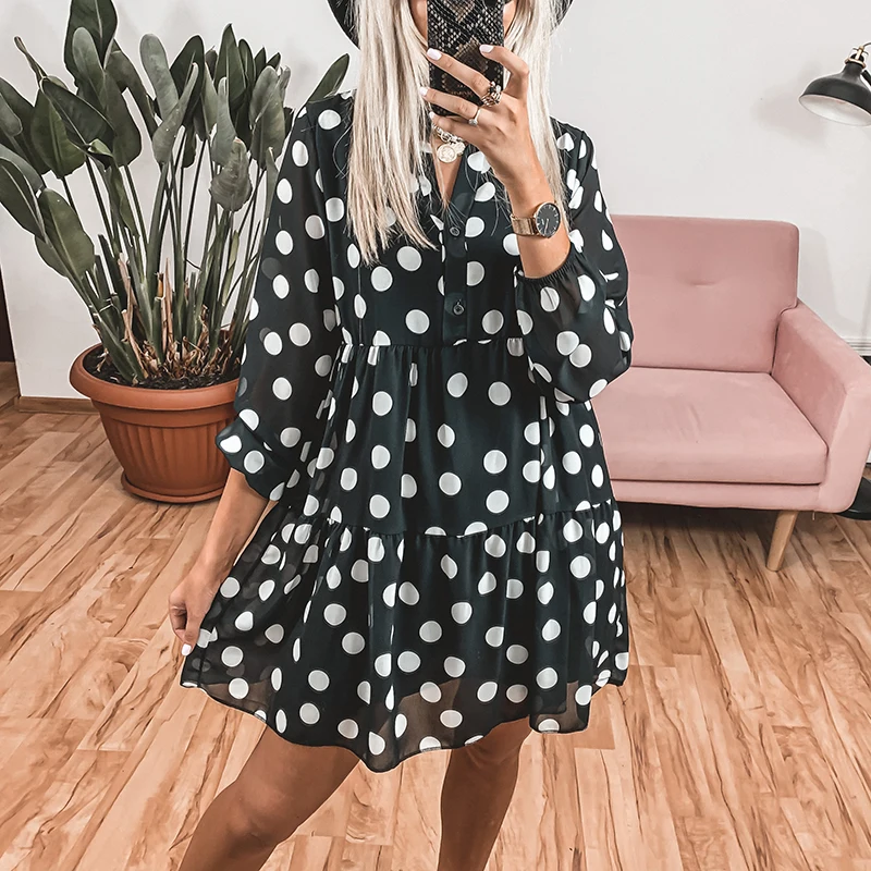 Chiffon Polka Dot Black Shirt Dress Women Casual 2021 Autumn V Neck Long Sleeve Loose Style Short Dress Lady Print Boho Vestidos 
Chiffon Polka Dot Black Shirt Dress Women Casual 2021 Autumn V Neck Long Sleeve Loose Style Short Dress Lady Print Boho Vestidos