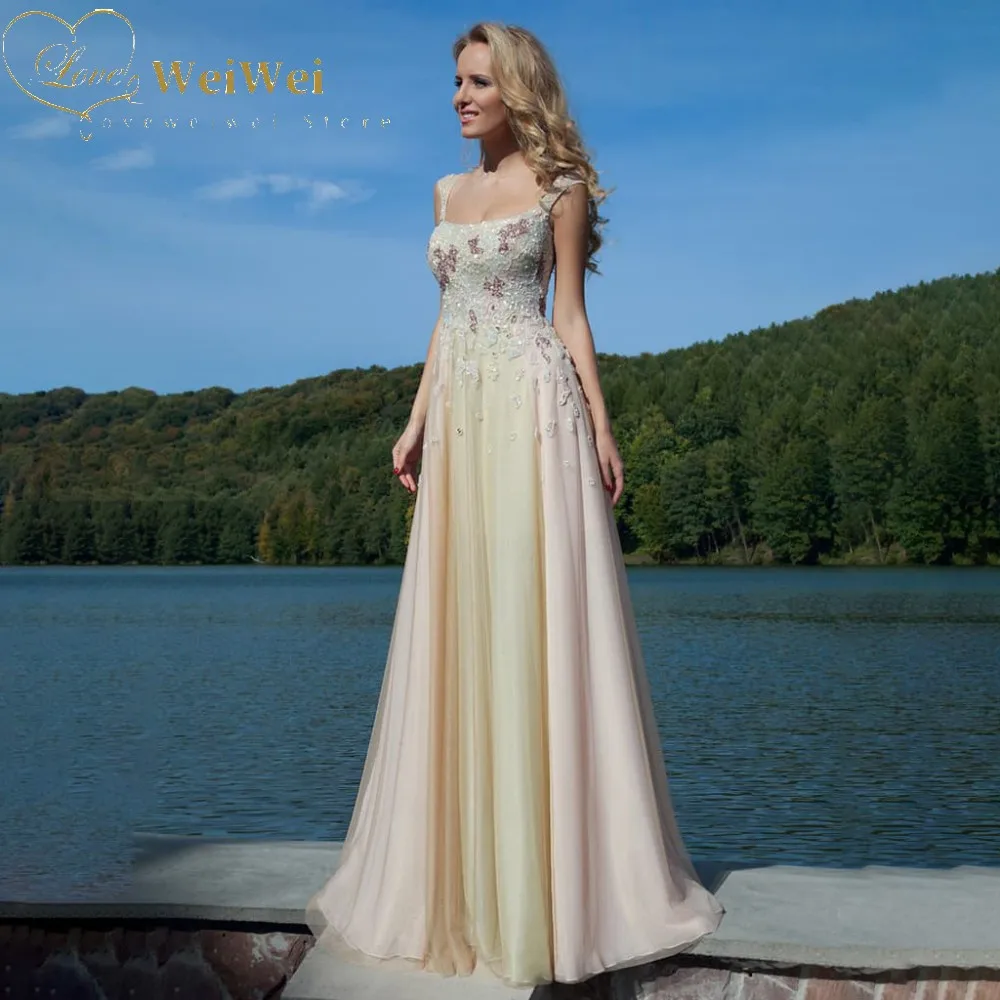 Elegant Color Contrast Evening Dresses Square Collar Neck Sleeveless Floor Length Lace Applique Sequin Prom Gown Robe De Mariée 
Elegant Color Contrast Evening Dresses Square Collar Neck Sleeveless Floor Length Lace Applique Sequin Prom Gown Robe De Mariée