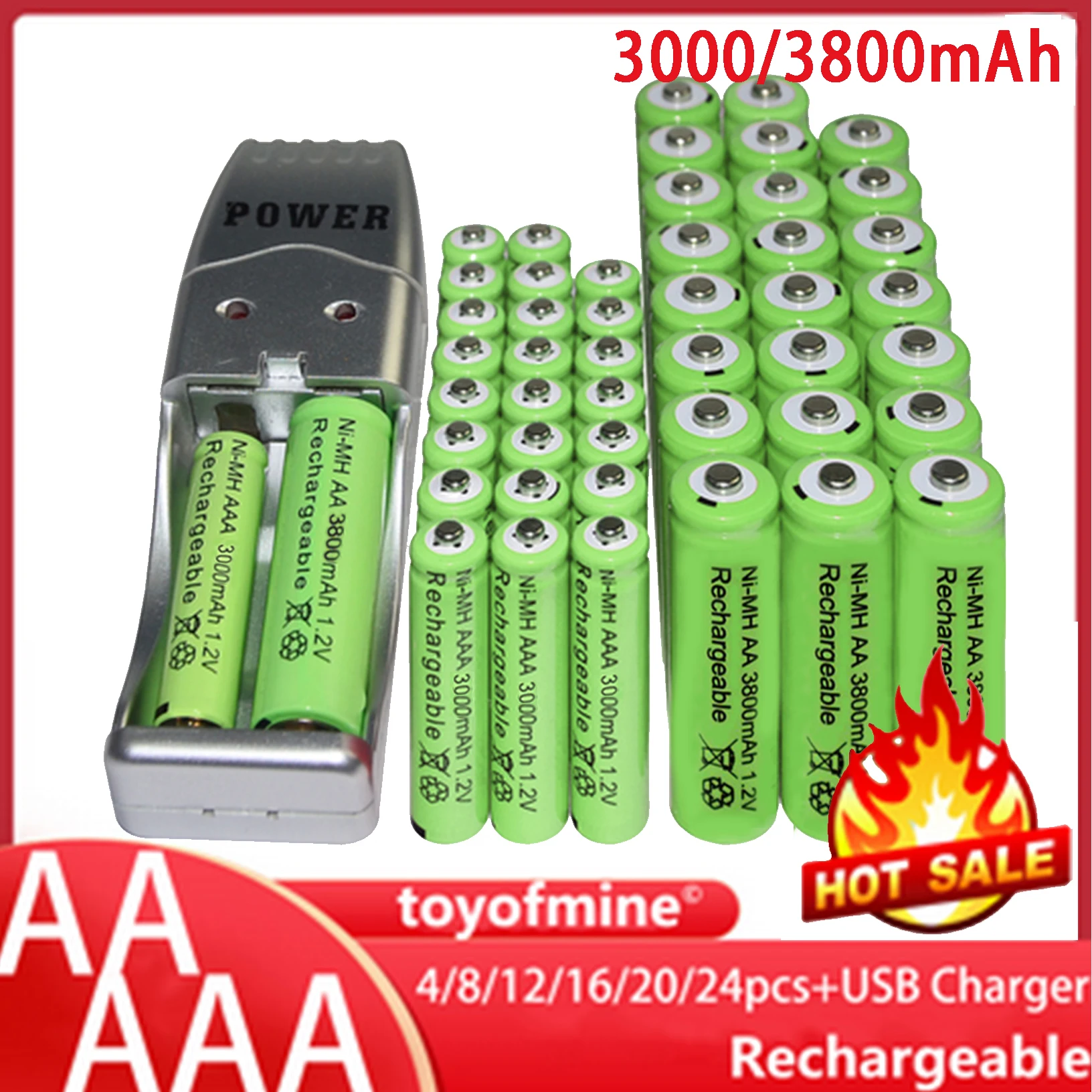 1 2 в AA + AAA NI MH Аккумулятор 3800 мА · ч 3000 перезаряжаемый аккумулятор зеленого цвета