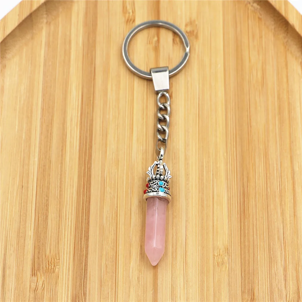 

Malachite Keychain Natural Stone Hexagonal Bullet Yellow Agates Lapis Lazuli Key Ring Alloy Crown Pendant Keychain Cute Keychain