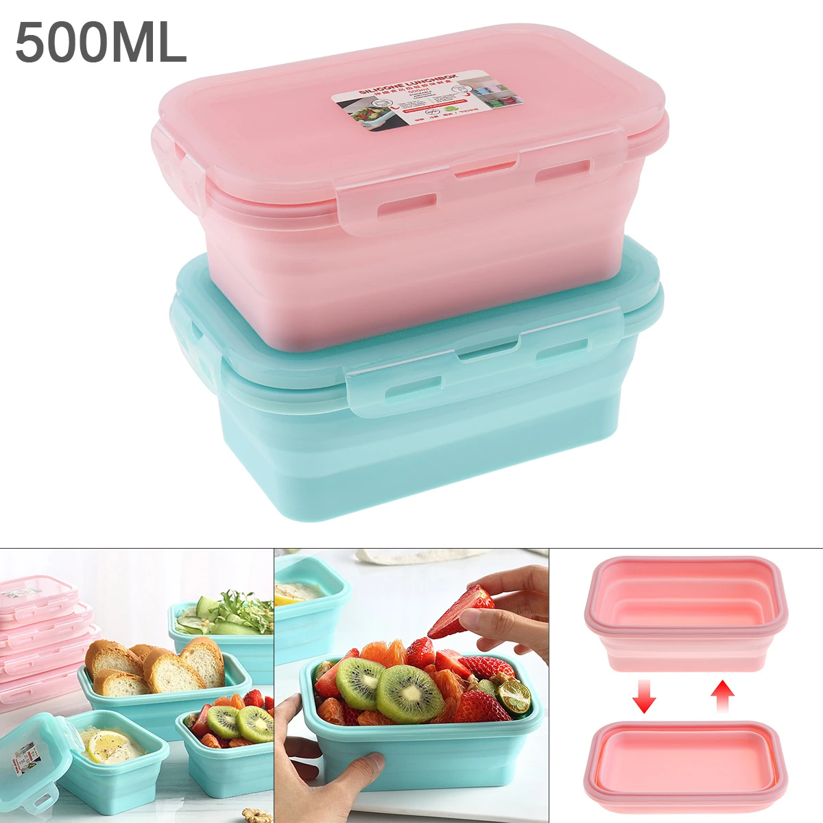 500ML 6 Inch 2 Colors Portable Rectangle Silicone Scalable Folding Lunchbox Bento Box for - 40 Centigrade ~ 230 Centigrade
500ML 6 Inch 2 Colors Portable Rectangle Silicone Scalable Folding Lunchbox Bento Box for - 40 Centigrade ~ 230 Centigrade