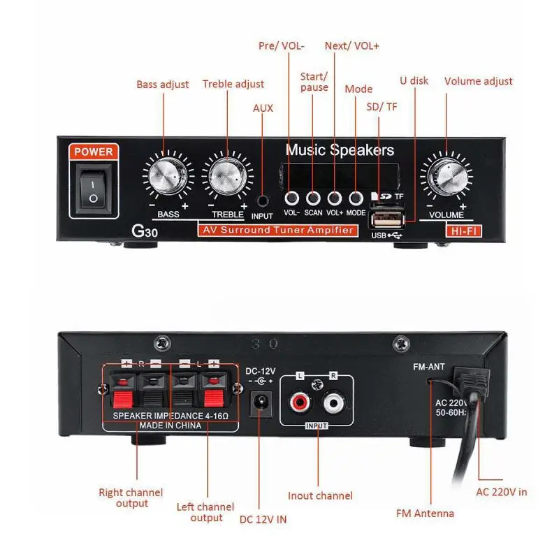 G30 Digital Home Amplifier Bluetooth Hifi Stereo Subwoofer Music Player Support Fm Tf Aux 2 Channel With Remote Control
G30 Digital Home Amplifier Bluetooth Hifi Stereo Subwoofer Music Player Support Fm Tf Aux 2 Channel With Remote Control