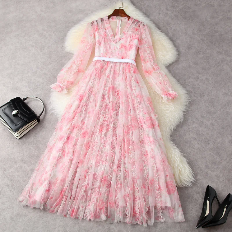 2021 New Long-sleeved V-neck Mesh Pleated Pink Fashion Dress European and American Women's Clothing Spring
2021 New Long-sleeved V-neck Mesh Pleated Pink Fashion Dress European and American Women's Clothing Spring