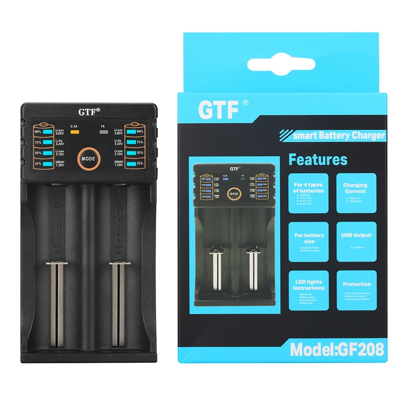 GTF GF208 USB Intelligent Battery Charger with Power Bank Function for Ni-MH Lithium for 14500 26650 18350 18650 Battery Cells
GTF GF208 USB Intelligent Battery Charger with Power Bank Function for Ni-MH Lithium for 14500 26650 18350 18650 Battery Cells