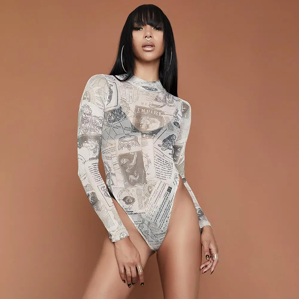 

Female Long Sleeve Mock Neck Newspaper See Through Print Sheer Slim Bodysuit Romper Skinny Jumpsuit Women Overall 2021