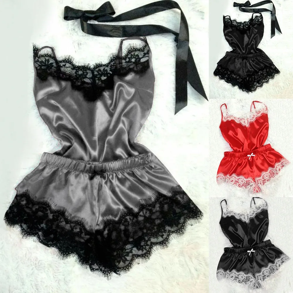 S-3XL Size Women's Sleepwear Sexy Satin Pajama Set Black Lace V-Neck Pyjamas Sleeveless Cute Cami Top and Short pijama mujer *
S-3XL Size Women's Sleepwear Sexy Satin Pajama Set Black Lace V-Neck Pyjamas Sleeveless Cute Cami Top and Short pijama mujer *
