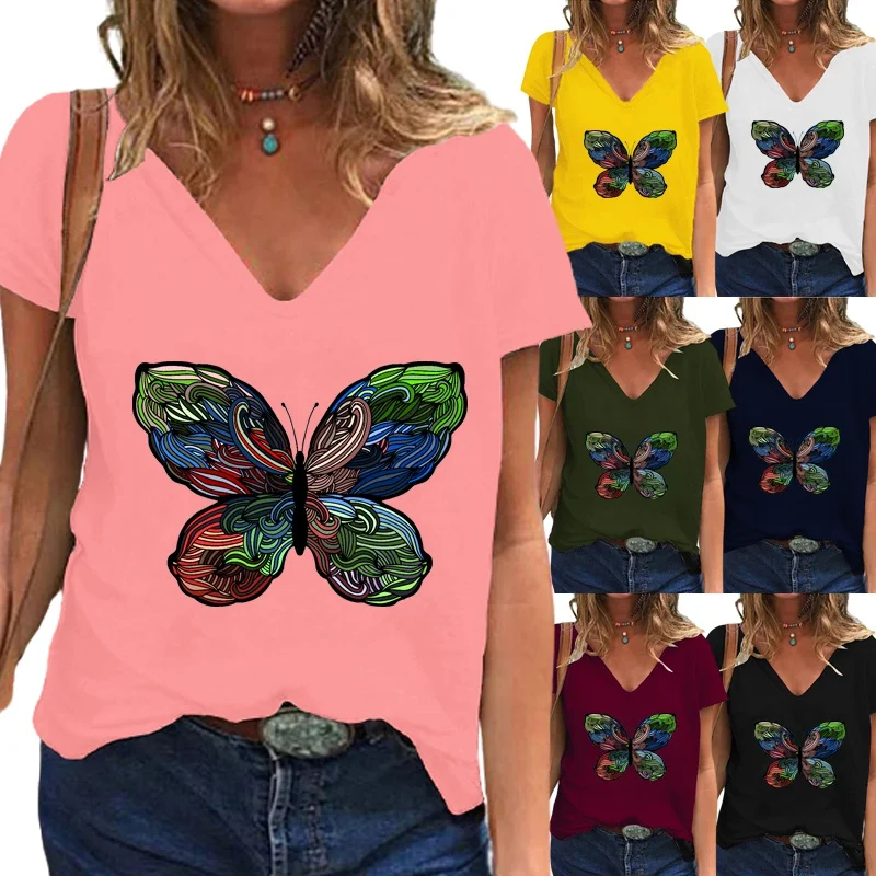 Women Summer Solid Color Short Sleeve T-shirt Fashion Deep V-neck Butterfly Printed Shirt Casual Loose Blouse Tops Plus Size
Women Summer Solid Color Short Sleeve T-shirt Fashion Deep V-neck Butterfly Printed Shirt Casual Loose Blouse Tops Plus Size