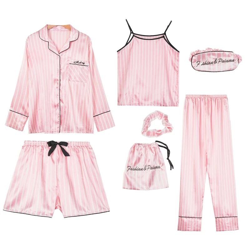 Pink Women's 7 Pieces Pajamas Sets Faux Silk Striped Pyjama Women Sleepwear Sets Spring Summer Autumn Homewear
Pink Women's 7 Pieces Pajamas Sets Faux Silk Striped Pyjama Women Sleepwear Sets Spring Summer Autumn Homewear