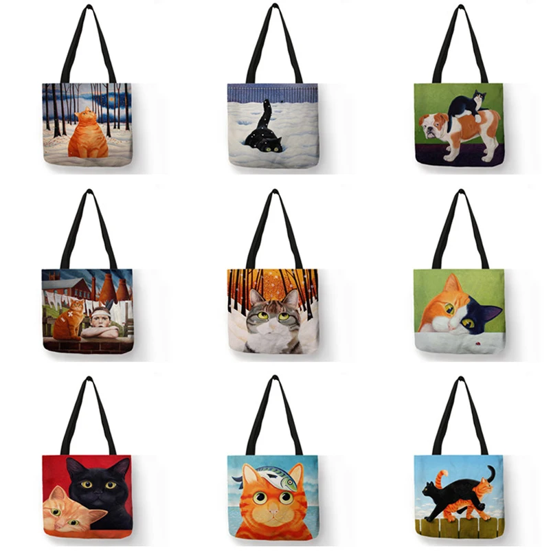 Eco Reusable Shopping Bag Cat Art Oil Painting Print Totes Ladies Shoulder Bags Linen Fabric Outdoor Beach Bag Casual Handbag
Eco Reusable Shopping Bag Cat Art Oil Painting Print Totes Ladies Shoulder Bags Linen Fabric Outdoor Beach Bag Casual Handbag