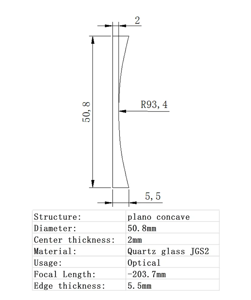 Plano Concave Lens Diameter 50.8mm Focal Length -203.7mm Quartz Glass JGS2 Glass Lens Optical Glass Optical Lens
Plano Concave Lens Diameter 50.8mm Focal Length -203.7mm Quartz Glass JGS2 Glass Lens Optical Glass Optical Lens