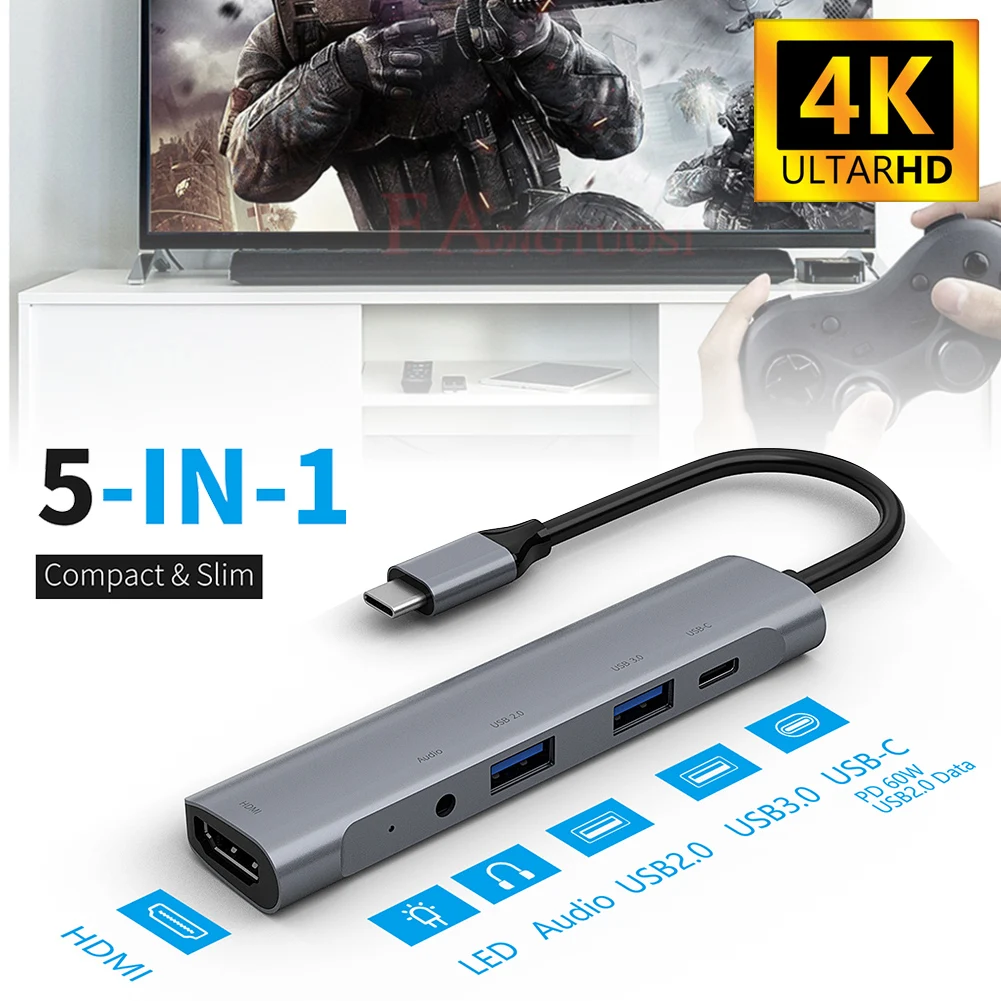 5 в 1 Тип C концентратор с разъемами типа и HDMI адаптер 4K USB3.0 считыватель USB ключ для
