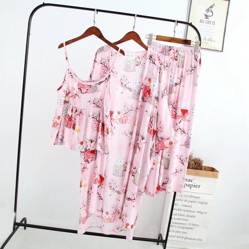 

New Three-piece Suits Japanese Kimono Thin Section Spring Summer Ladies Sling Wide-leg Pants Cardigan Coat Pajama Set Yukata