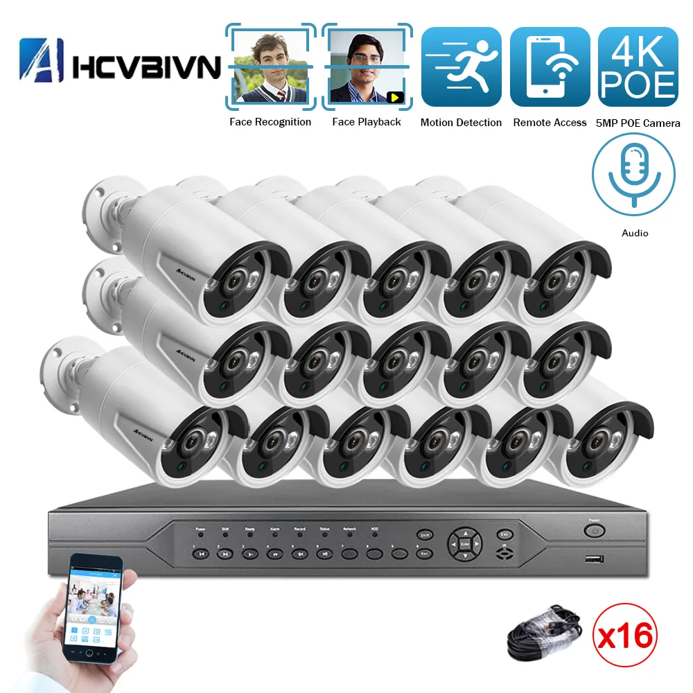 

Система видеонаблюдения H.265, 16 каналов, 5 МП, 4K HD, POE, NVR, ИК наружная IP-камера с ии, комплект видеонаблюдения P2P, жесткий диск 4 ТБ