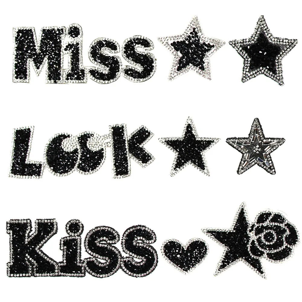 1 шт. стразы с черными звездами сердечками буквами Miss/Kiss/Look аппликации алфавита