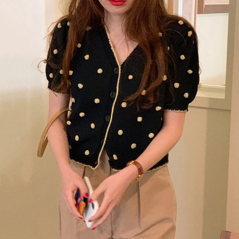 Sannian Women Coat Retro V-neck Collision Color Wrap Three-dimensional Hair Ball Short-sleeved Knitted Sweater Jacket Women Tops
Sannian Women Coat Retro V-neck Collision Color Wrap Three-dimensional Hair Ball Short-sleeved Knitted Sweater Jacket Women Tops