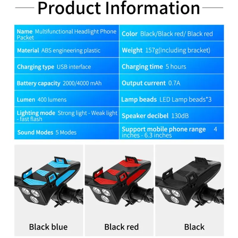 Bike Front Light Phone Holder Bicycle Bell Power Bank Bike Accessories 4 IN 1 Cycling Lamp Flashlight
Bike Front Light Phone Holder Bicycle Bell Power Bank Bike Accessories 4 IN 1 Cycling Lamp Flashlight