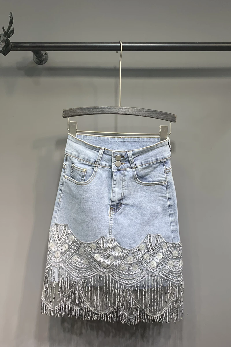 Jeans Skirt Pockets Blue High-Waist Button Summer Spliced Tassel Casual Women DM001
Jeans Skirt Pockets Blue High-Waist Button Summer Spliced Tassel Casual Women DM001