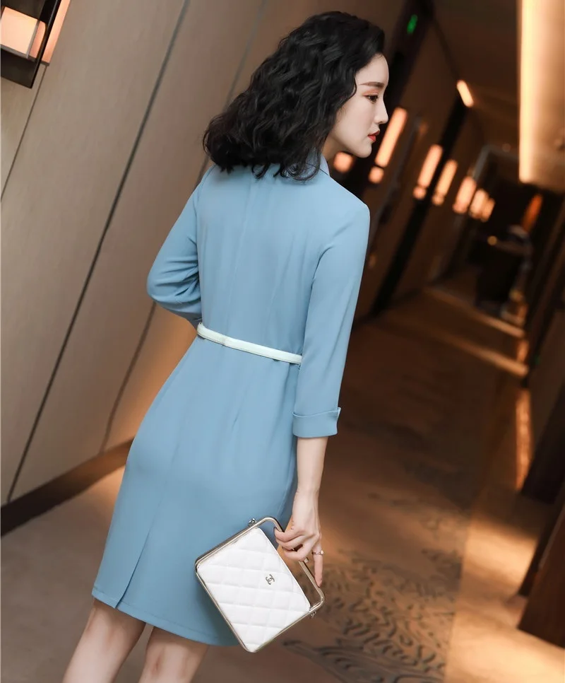 Женское облегающее платье с поясом Элегантное синее рукавом до локтя и