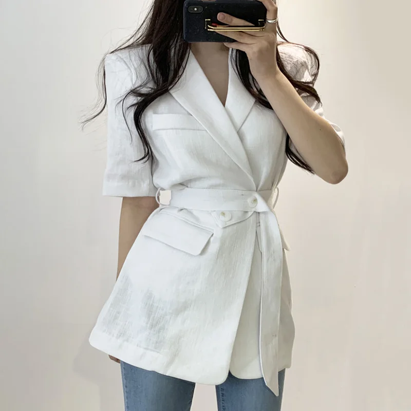 Korea Chic Casual Fashion Lapel Belt Solid Color Pocket Loose Khaki Short-sleeved Suit Jacket Women Autumn 2021 E542
Korea Chic Casual Fashion Lapel Belt Solid Color Pocket Loose Khaki Short-sleeved Suit Jacket Women Autumn 2021 E542
