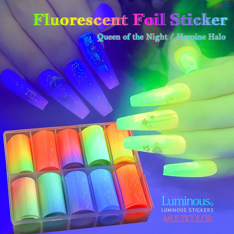 

10pcs Nail Art Transfer Sticker Dark Fluorescent Flame Nail Decals Paper Slider Foil Sticker Gradient Colorful Starry Paper Suit