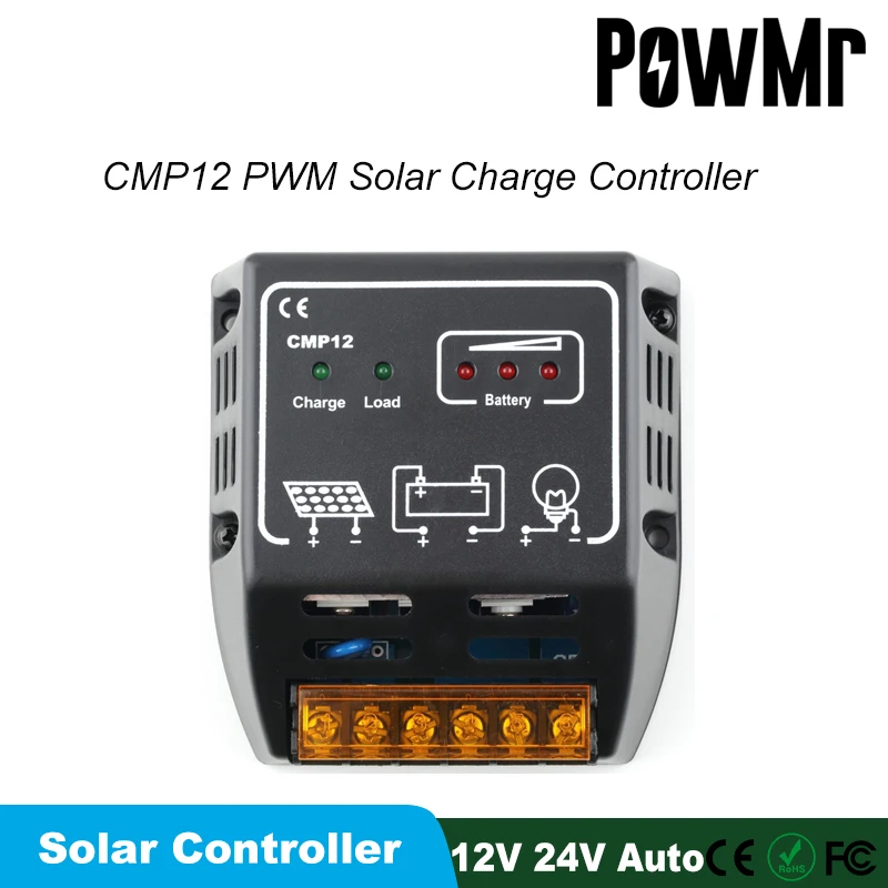 PowMr CMP12 PWM Solar Charge Controller 12V 24V Auto Battery Solar Regulator for 120W 240W Panel Input With Over-load protection
PowMr CMP12 PWM Solar Charge Controller 12V 24V Auto Battery Solar Regulator for 120W 240W Panel Input With Over-load protection