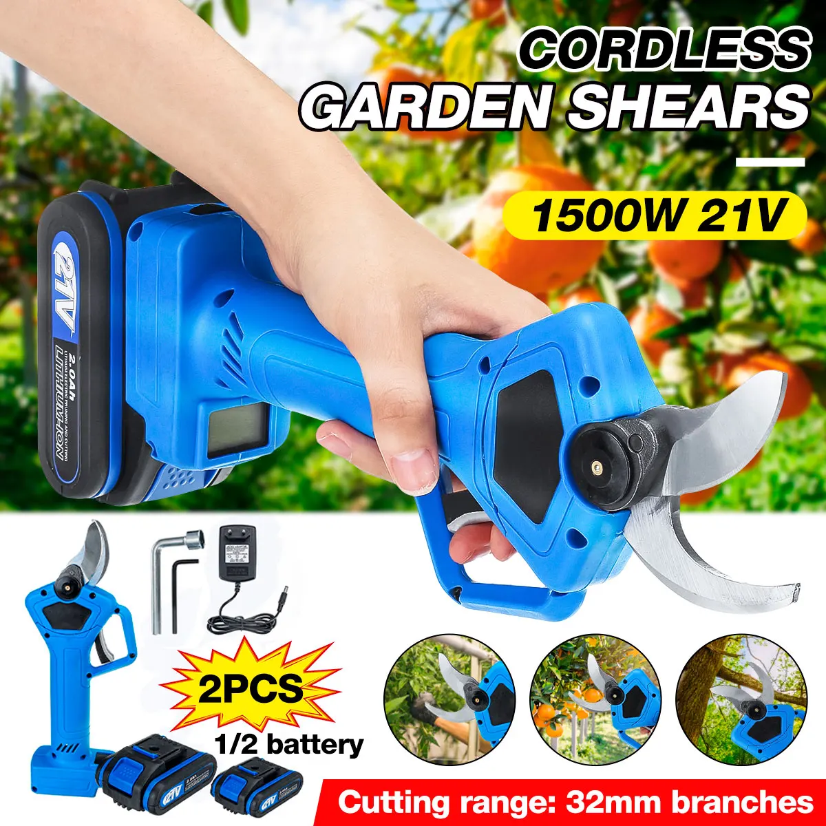 1500W 21V Rechargeable Electric Pruning Scissors Pruning Shears Garden Pruner Secateur Branch Cutter Cutting Tool w/ 2x Battery
1500W 21V Rechargeable Electric Pruning Scissors Pruning Shears Garden Pruner Secateur Branch Cutter Cutting Tool w/ 2x Battery