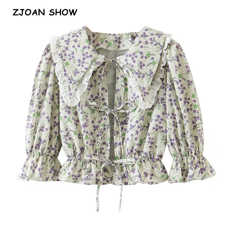 

2021 Retro Spliced Wood ear Peter Pan Collar Puff Short Sleeve Shirt CHIC Women Lacing up Floral Print Blouse Exposed navel Tops